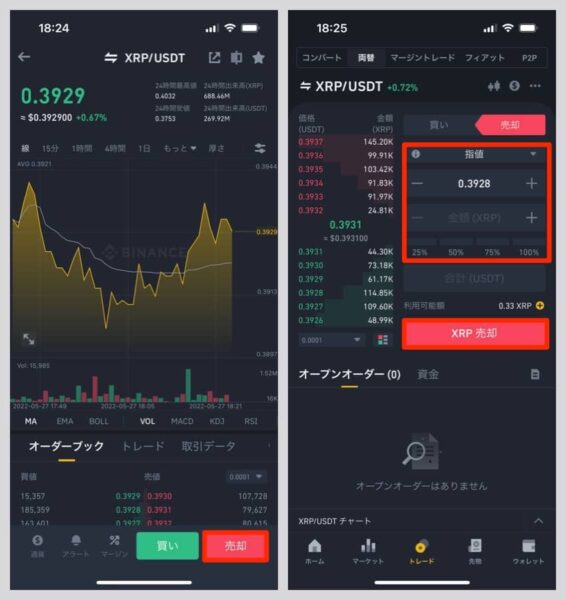 XRP/USDTで「売却」を選択し、XRPを売却（＝USDTを購入）
