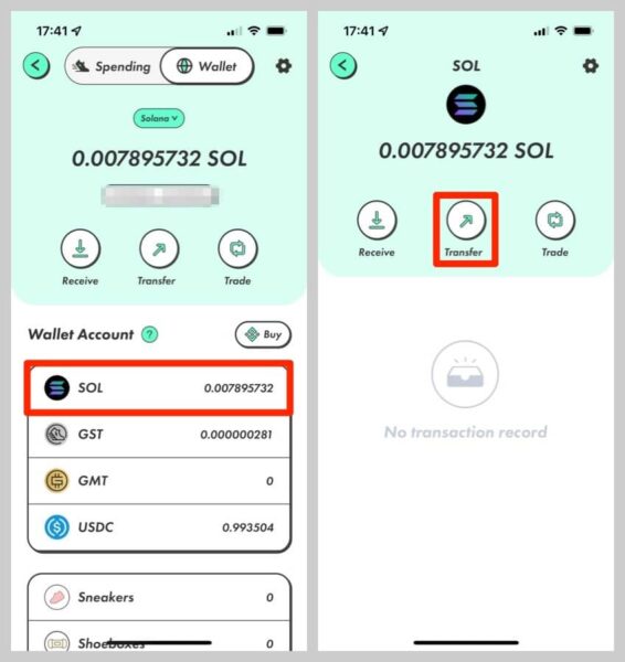 WalletからSOLを選択し、「Transfer」ボタン