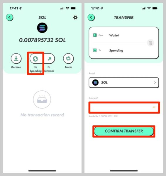 「To Spending」をタップして、送るSOLの数量を入力したら「CONFIRM TRANSFER」ボタン